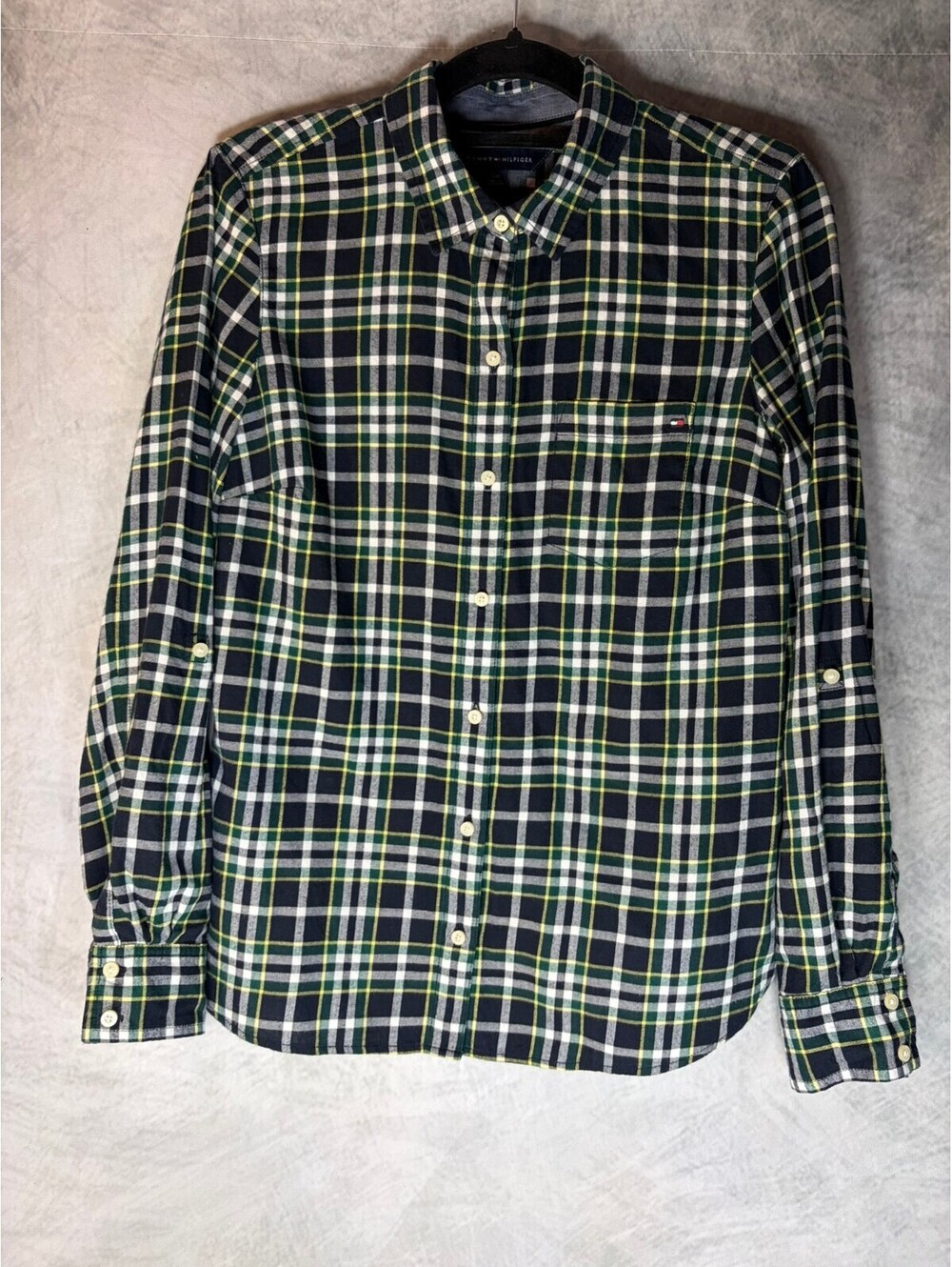Tommy Hilfiger Women’s Plaid Button Down Shirt Size S Green Navy Yellow